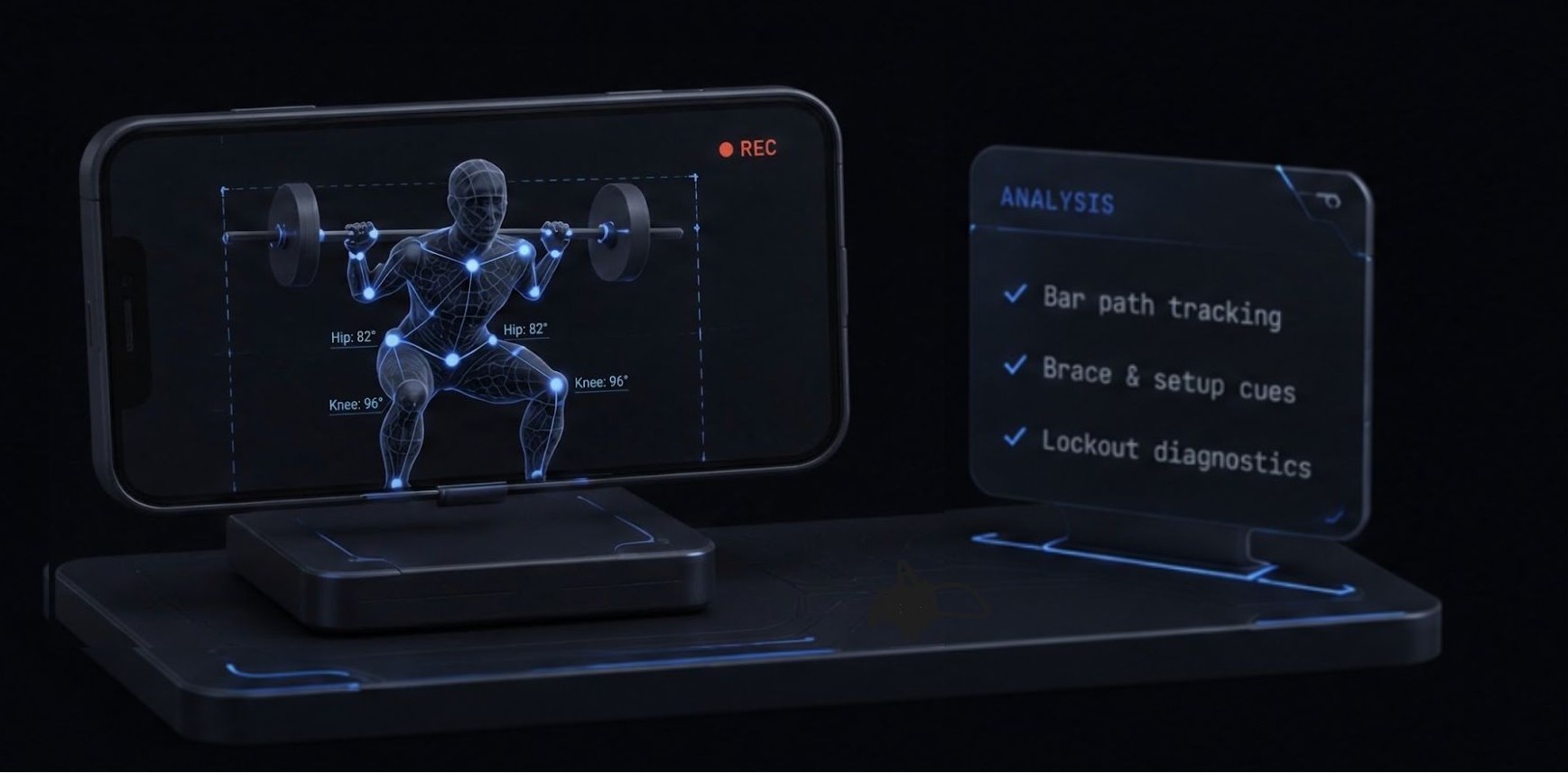 Phone recording a squat with joint-angle analysis and lift diagnostics